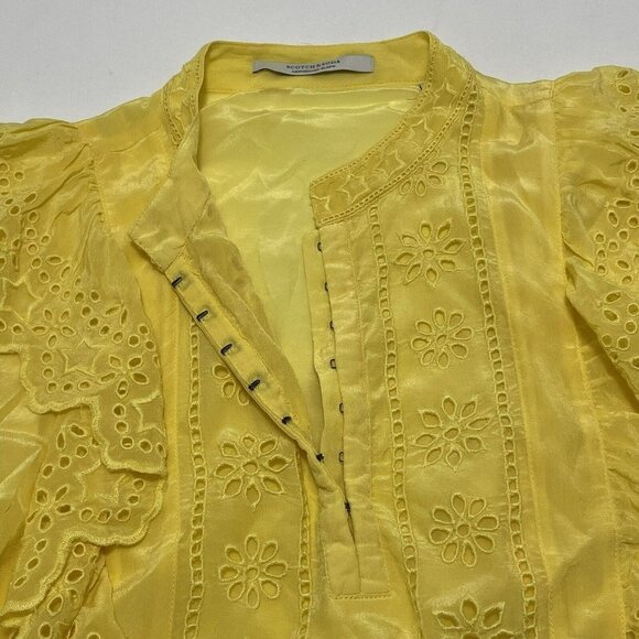 Scotch Soda Blouse Women Size S Yellow Eyelet Ruffle Embroidery Blauw European - Picture 10 of 13